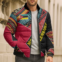 Mozambique Bomber Puffer Jacket with Red Black Geometric Design and Tribal Pattern - Wonder Print Shop
