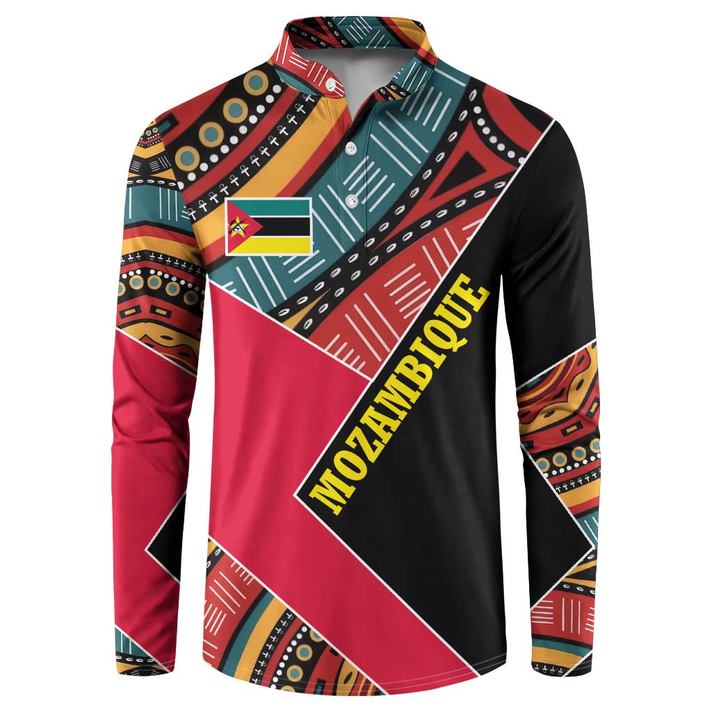 Mozambique Button Sweatshirt with Red Black Geometric Design and Tribal Pattern - Wonder Print Shop
