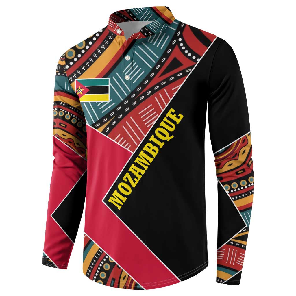 Mozambique Button Sweatshirt with Red Black Geometric Design and Tribal Pattern - Wonder Print Shop