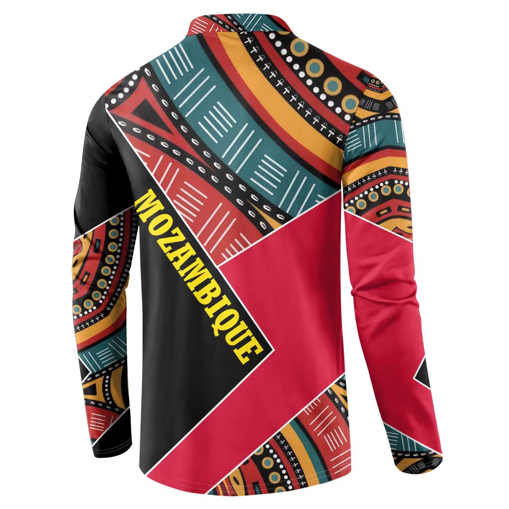 Mozambique Button Sweatshirt with Red Black Geometric Design and Tribal Pattern - Wonder Print Shop