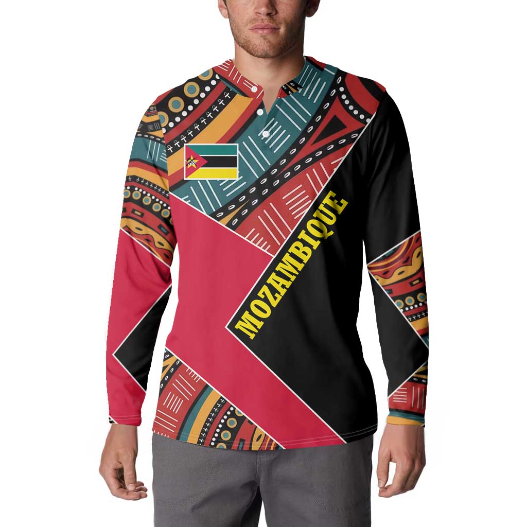 Mozambique Button Sweatshirt with Red Black Geometric Design and Tribal Pattern - Wonder Print Shop