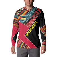 Mozambique Button Sweatshirt with Red Black Geometric Design and Tribal Pattern - Wonder Print Shop