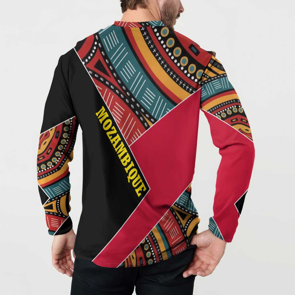 Mozambique Button Sweatshirt with Red Black Geometric Design and Tribal Pattern - Wonder Print Shop