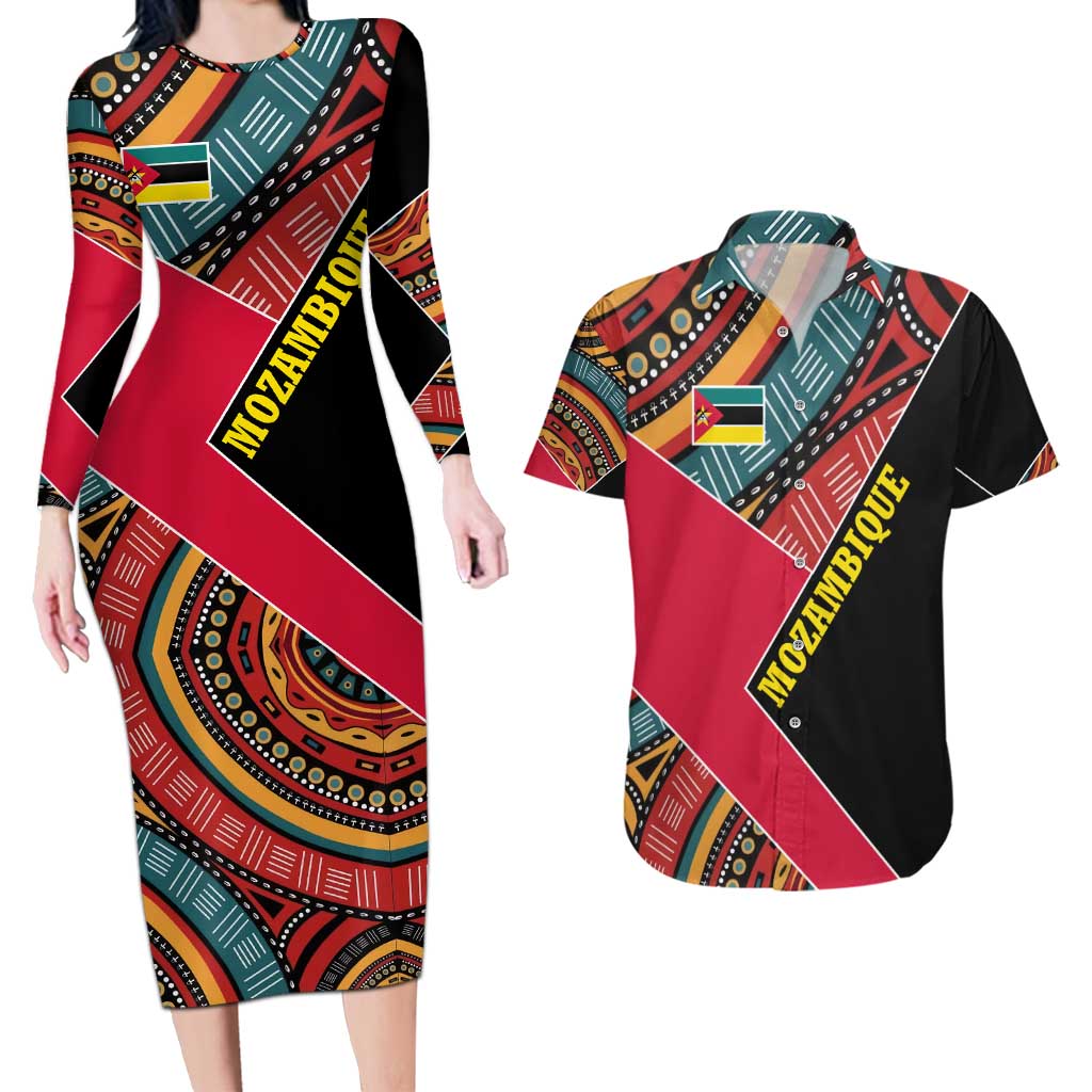 Mozambique Couples Matching Long Sleeve Bodycon Dress and Hawaiian Shirt with Red Black Geometric Design and Tribal Pattern - Wonder Print Shop