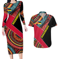 Mozambique Couples Matching Long Sleeve Bodycon Dress and Hawaiian Shirt with Red Black Geometric Design and Tribal Pattern - Wonder Print Shop