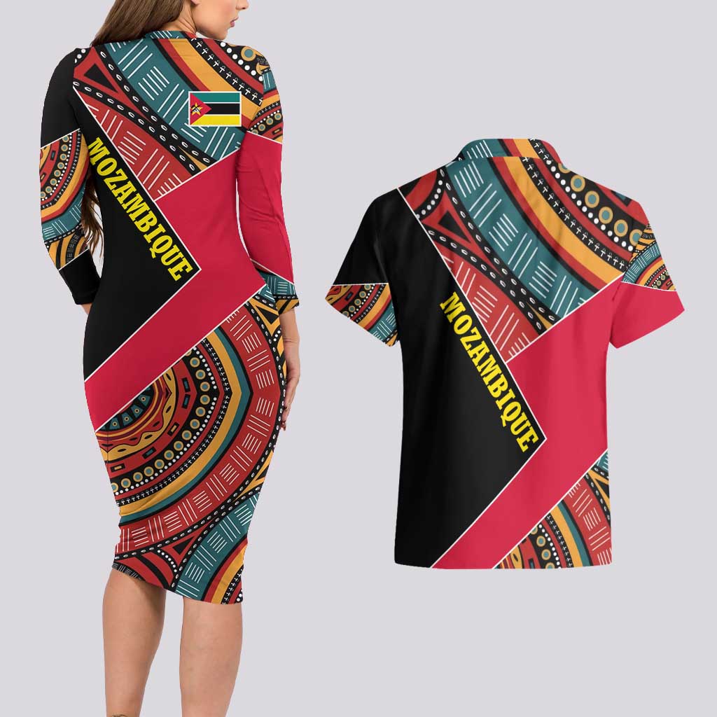 Mozambique Couples Matching Long Sleeve Bodycon Dress and Hawaiian Shirt with Red Black Geometric Design and Tribal Pattern - Wonder Print Shop