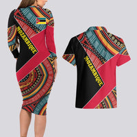 Mozambique Couples Matching Long Sleeve Bodycon Dress and Hawaiian Shirt with Red Black Geometric Design and Tribal Pattern - Wonder Print Shop