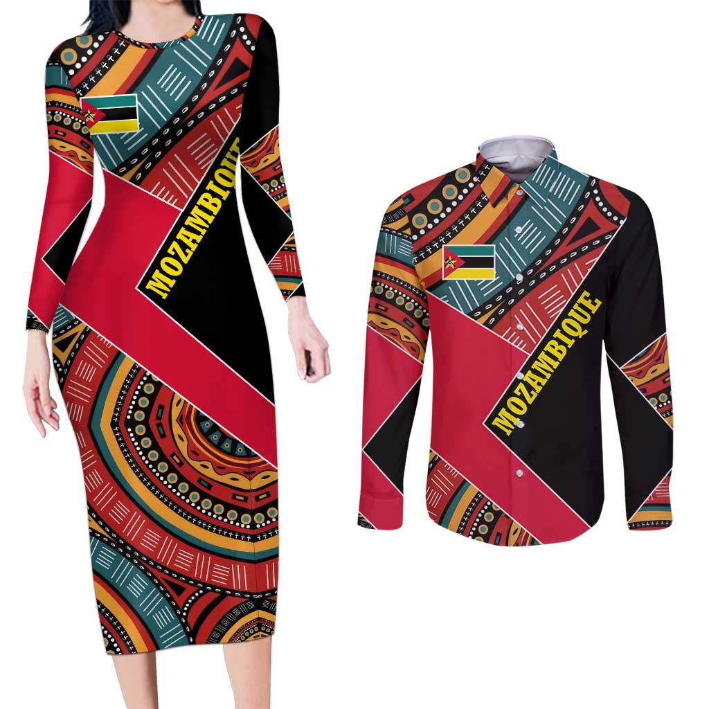 Mozambique Couples Matching Long Sleeve Bodycon Dress and Long Sleeve Button Shirt with Red Black Geometric Design and Tribal Pattern - Wonder Print Shop