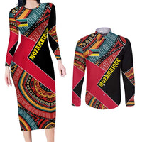 Mozambique Couples Matching Long Sleeve Bodycon Dress and Long Sleeve Button Shirt with Red Black Geometric Design and Tribal Pattern - Wonder Print Shop