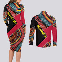 Mozambique Couples Matching Long Sleeve Bodycon Dress and Long Sleeve Button Shirt with Red Black Geometric Design and Tribal Pattern - Wonder Print Shop