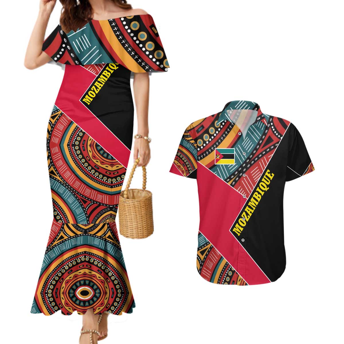 Mozambique Couples Matching Mermaid Dress and Hawaiian Shirt with Red Black Geometric Design and Tribal Pattern - Wonder Print Shop