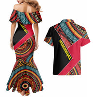 Mozambique Couples Matching Mermaid Dress and Hawaiian Shirt with Red Black Geometric Design and Tribal Pattern - Wonder Print Shop