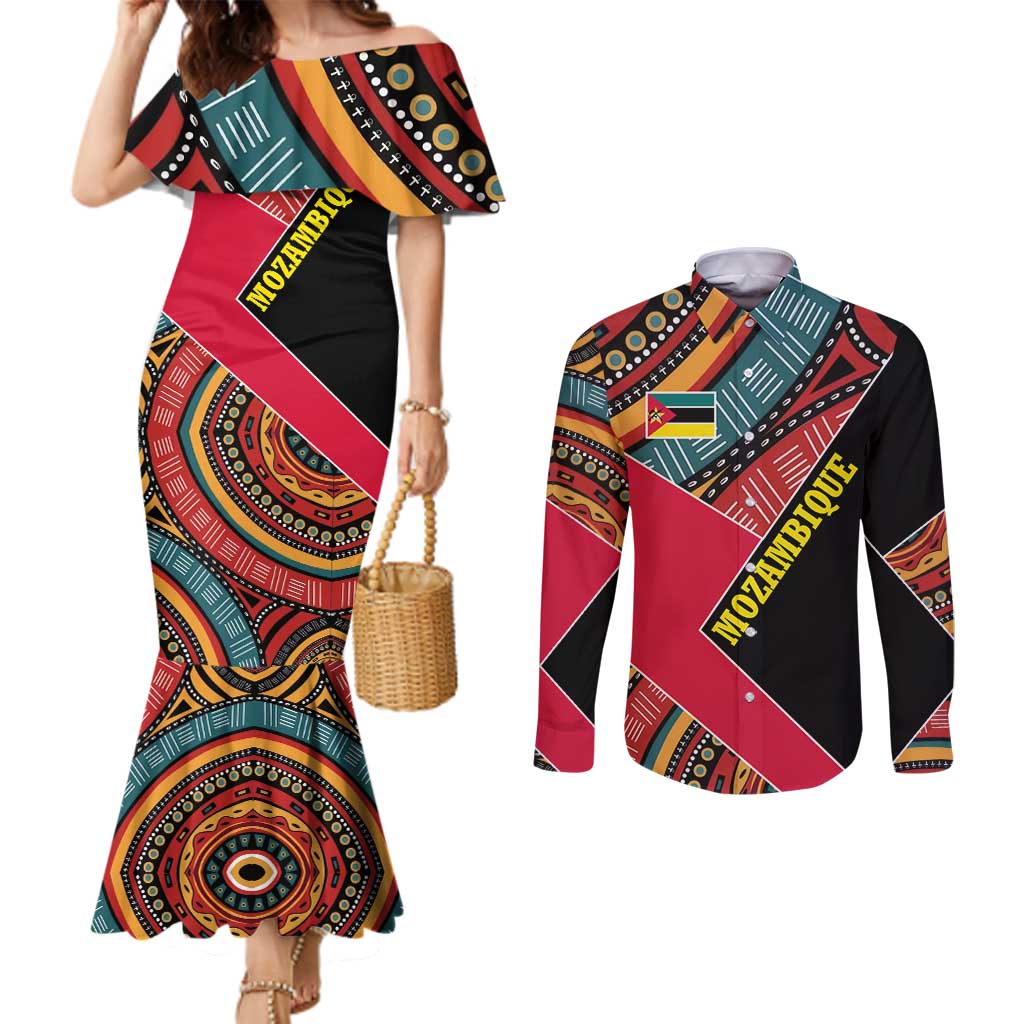 Mozambique Couples Matching Mermaid Dress and Long Sleeve Button Shirt with Red Black Geometric Design and Tribal Pattern - Wonder Print Shop