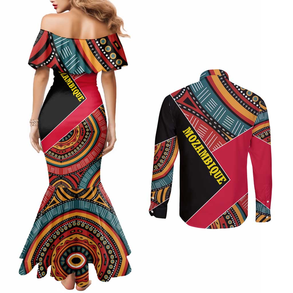 Mozambique Couples Matching Mermaid Dress and Long Sleeve Button Shirt with Red Black Geometric Design and Tribal Pattern - Wonder Print Shop