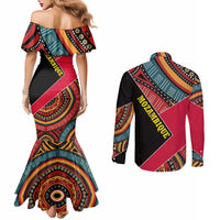 Mozambique Couples Matching Mermaid Dress and Long Sleeve Button Shirt with Red Black Geometric Design and Tribal Pattern - Wonder Print Shop