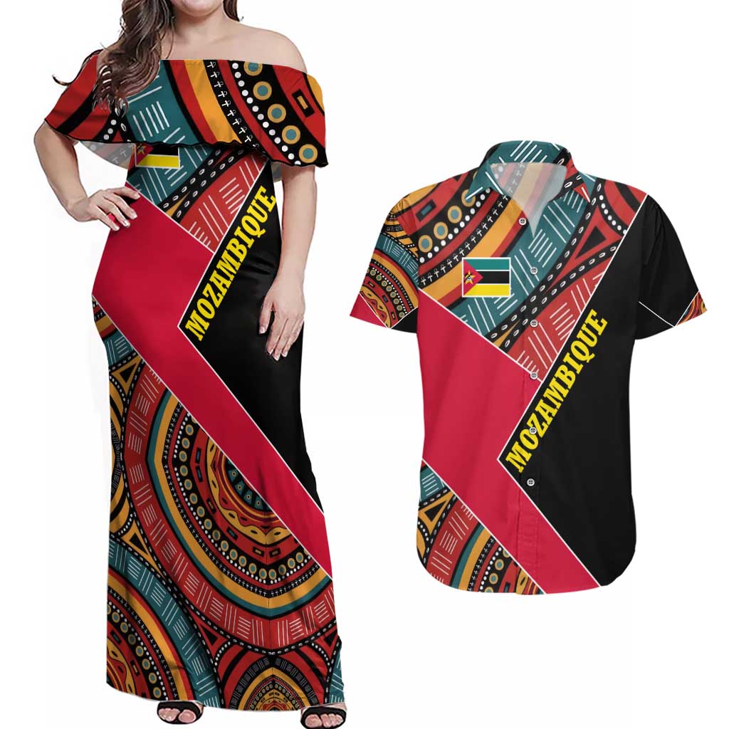 Mozambique Couples Matching Off Shoulder Maxi Dress and Hawaiian Shirt with Red Black Geometric Design and Tribal Pattern - Wonder Print Shop