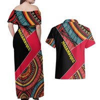 Mozambique Couples Matching Off Shoulder Maxi Dress and Hawaiian Shirt with Red Black Geometric Design and Tribal Pattern - Wonder Print Shop