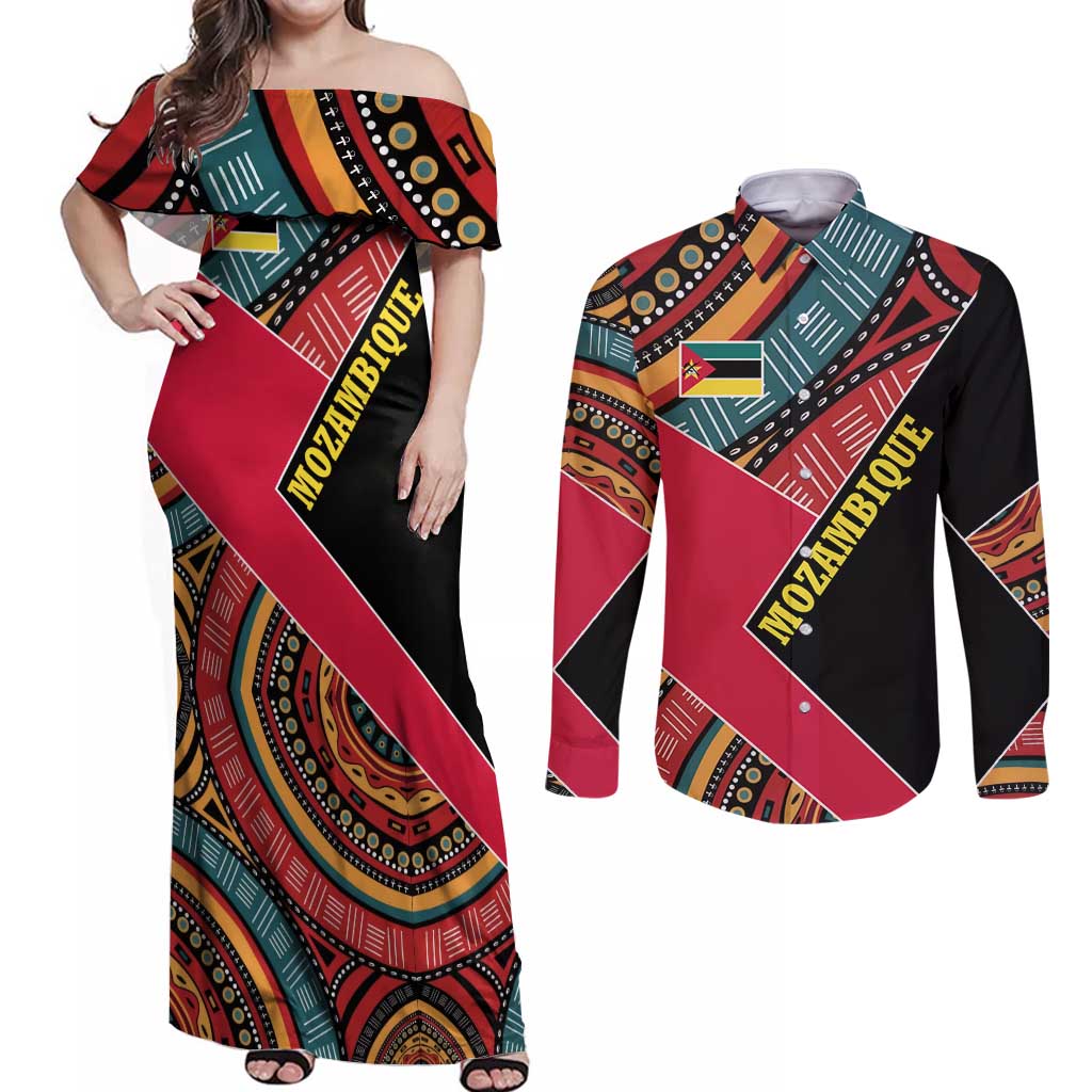 Mozambique Couples Matching Off Shoulder Maxi Dress and Long Sleeve Button Shirt with Red Black Geometric Design and Tribal Pattern - Wonder Print Shop