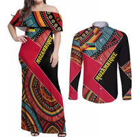 Mozambique Couples Matching Off Shoulder Maxi Dress and Long Sleeve Button Shirt with Red Black Geometric Design and Tribal Pattern - Wonder Print Shop