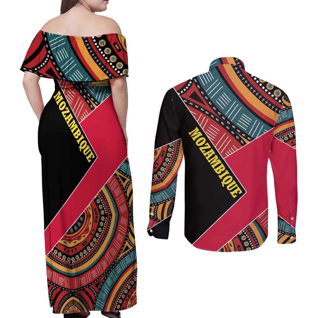 Mozambique Couples Matching Off Shoulder Maxi Dress and Long Sleeve Button Shirt with Red Black Geometric Design and Tribal Pattern - Wonder Print Shop