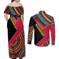 Mozambique Couples Matching Off Shoulder Maxi Dress and Long Sleeve Button Shirt with Red Black Geometric Design and Tribal Pattern - Wonder Print Shop