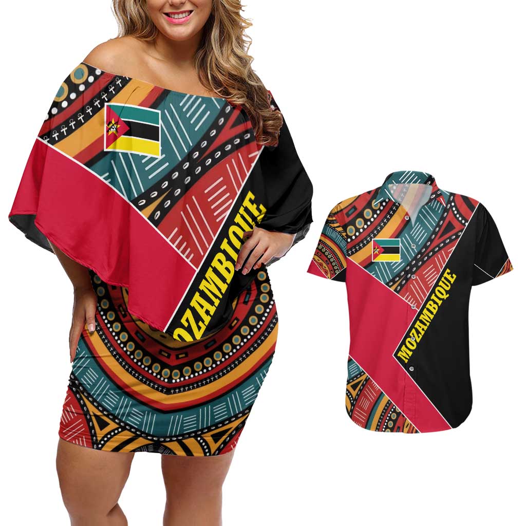 Mozambique Couples Matching Off Shoulder Short Dress and Hawaiian Shirt with Red Black Geometric Design and Tribal Pattern - Wonder Print Shop