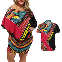 Mozambique Couples Matching Off Shoulder Short Dress and Hawaiian Shirt with Red Black Geometric Design and Tribal Pattern - Wonder Print Shop