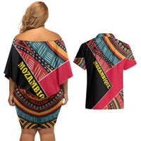 Mozambique Couples Matching Off Shoulder Short Dress and Hawaiian Shirt with Red Black Geometric Design and Tribal Pattern - Wonder Print Shop