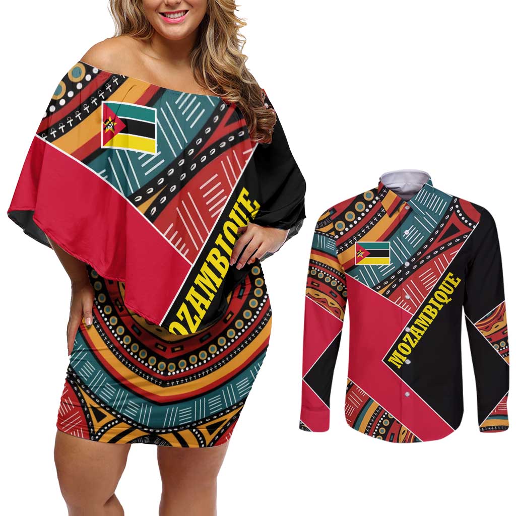 Mozambique Couples Matching Off Shoulder Short Dress and Long Sleeve Button Shirt with Red Black Geometric Design and Tribal Pattern - Wonder Print Shop