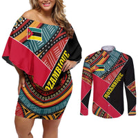 Mozambique Couples Matching Off Shoulder Short Dress and Long Sleeve Button Shirt with Red Black Geometric Design and Tribal Pattern - Wonder Print Shop