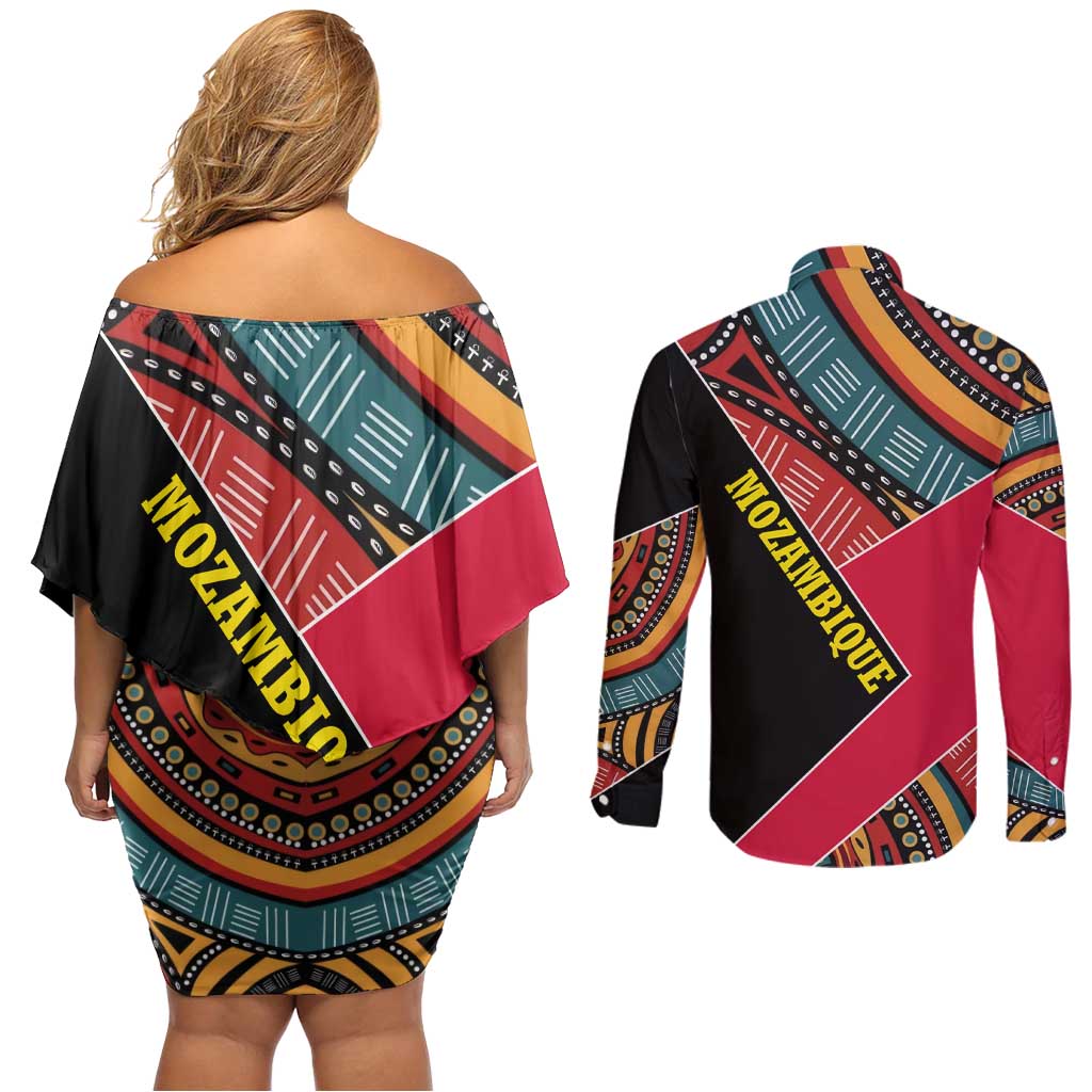 Mozambique Couples Matching Off Shoulder Short Dress and Long Sleeve Button Shirt with Red Black Geometric Design and Tribal Pattern - Wonder Print Shop