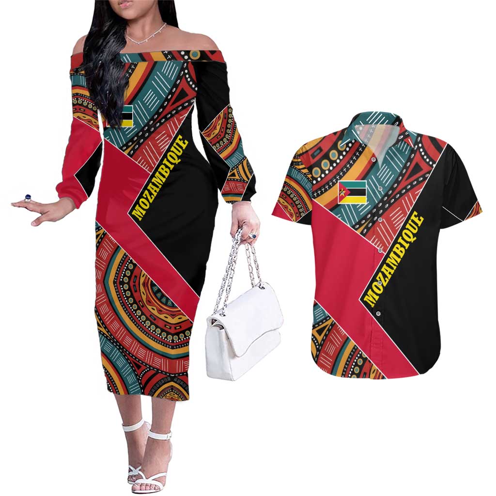 Mozambique Couples Matching Off The Shoulder Long Sleeve Dress and Hawaiian Shirt with Red Black Geometric Design and Tribal Pattern - Wonder Print Shop