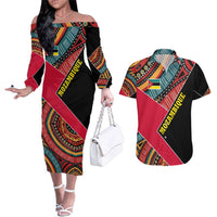 Mozambique Couples Matching Off The Shoulder Long Sleeve Dress and Hawaiian Shirt with Red Black Geometric Design and Tribal Pattern - Wonder Print Shop