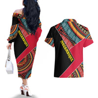 Mozambique Couples Matching Off The Shoulder Long Sleeve Dress and Hawaiian Shirt with Red Black Geometric Design and Tribal Pattern - Wonder Print Shop