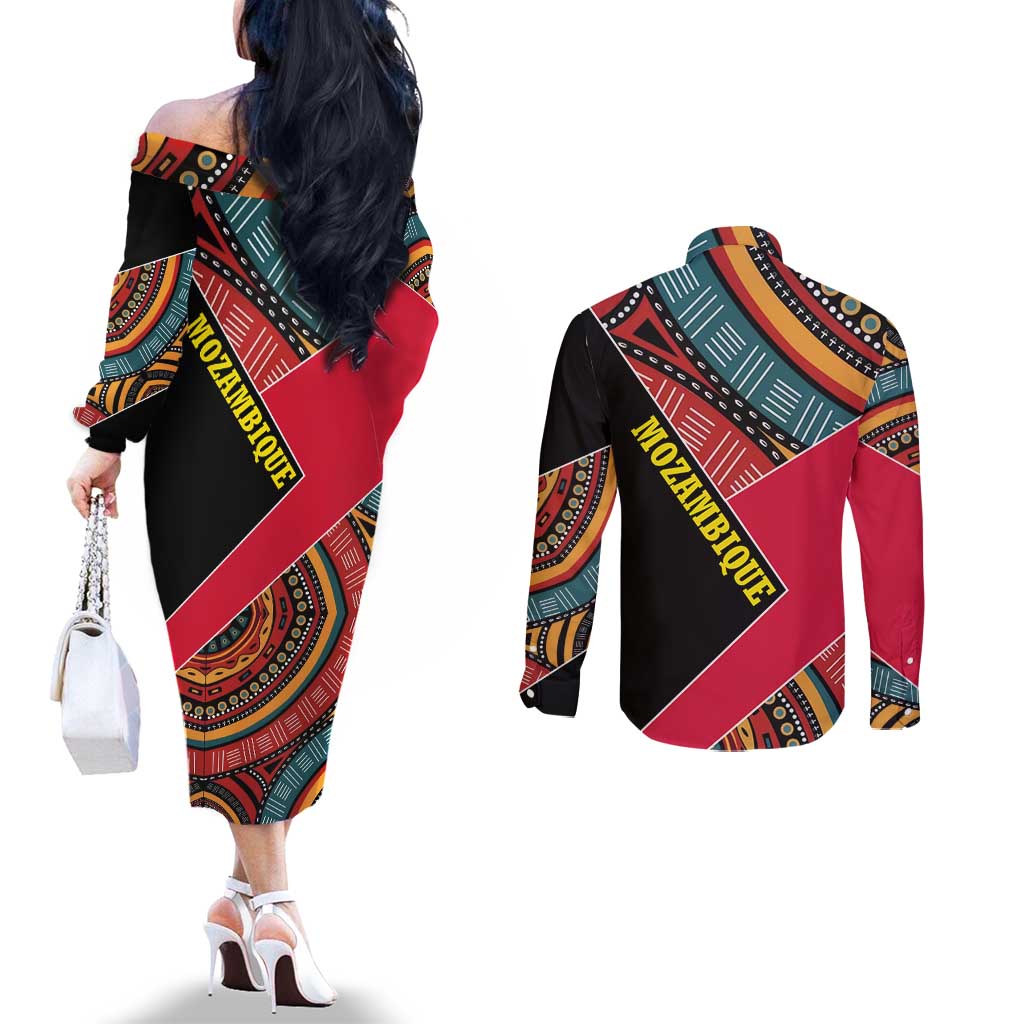 Mozambique Couples Matching Off The Shoulder Long Sleeve Dress and Long Sleeve Button Shirt with Red Black Geometric Design and Tribal Pattern - Wonder Print Shop