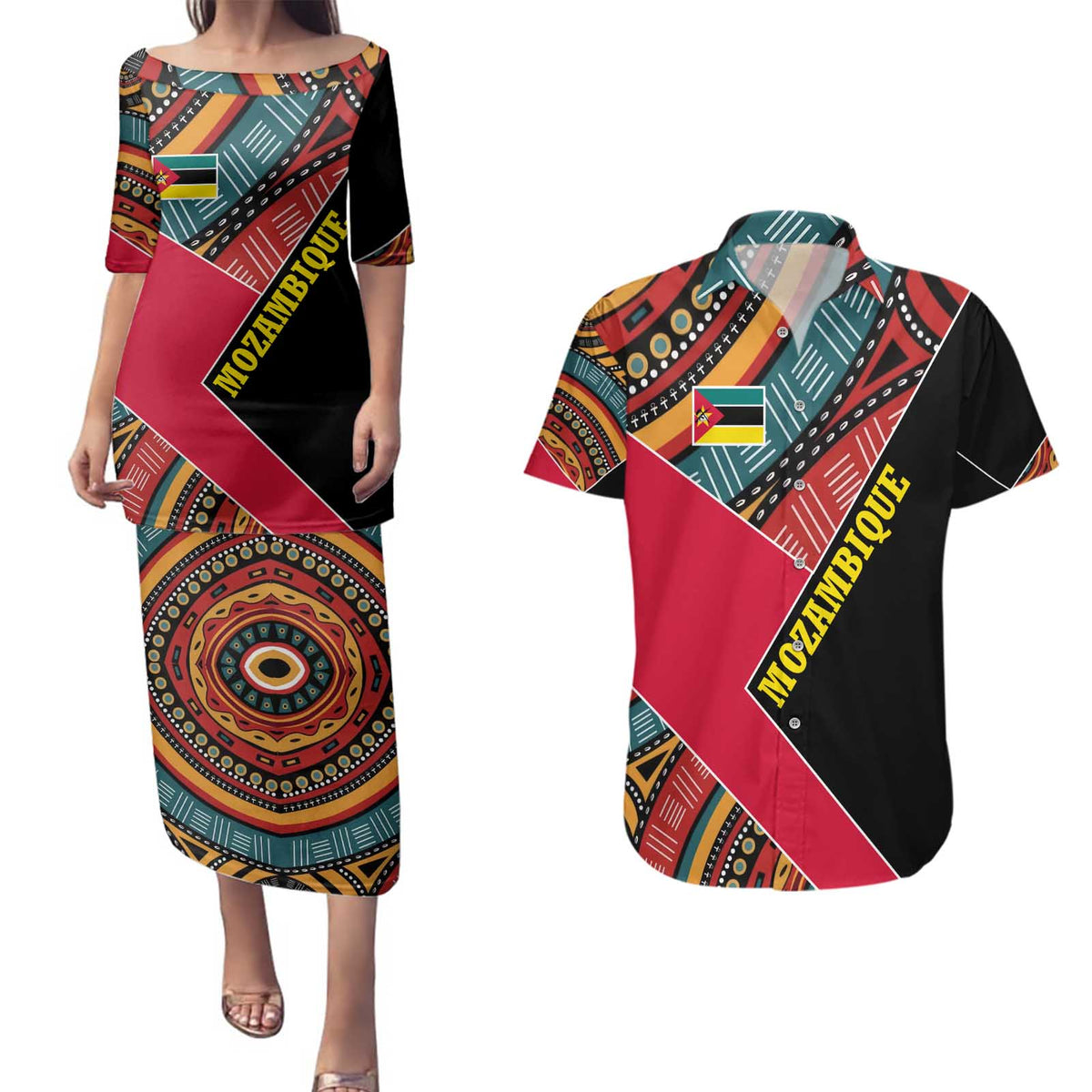Mozambique Couples Matching Puletasi and Hawaiian Shirt with Red Black Geometric Design and Tribal Pattern - Wonder Print Shop