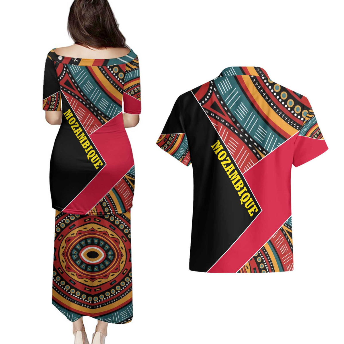 Mozambique Couples Matching Puletasi and Hawaiian Shirt with Red Black Geometric Design and Tribal Pattern - Wonder Print Shop