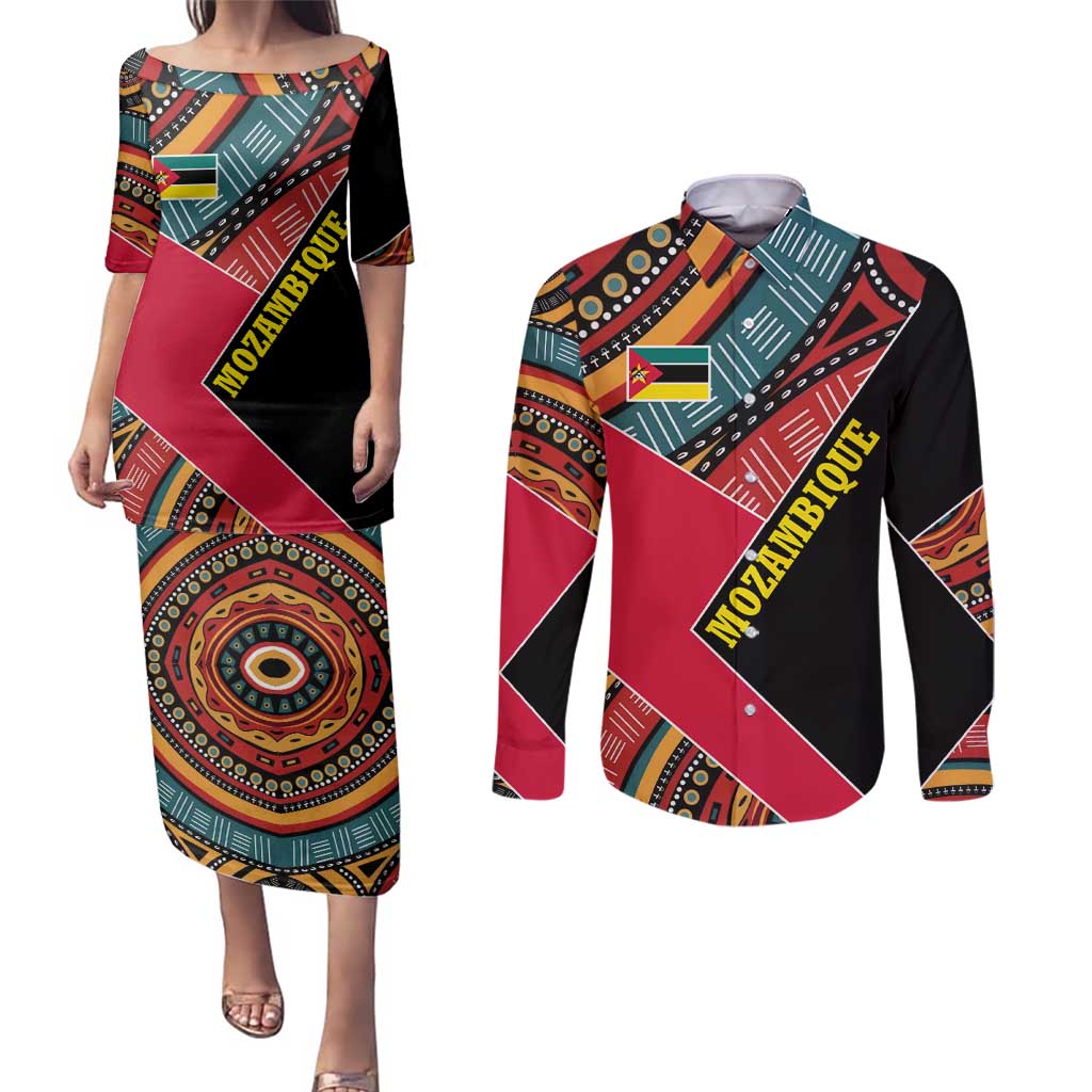 Mozambique Couples Matching Puletasi and Long Sleeve Button Shirt with Red Black Geometric Design and Tribal Pattern - Wonder Print Shop