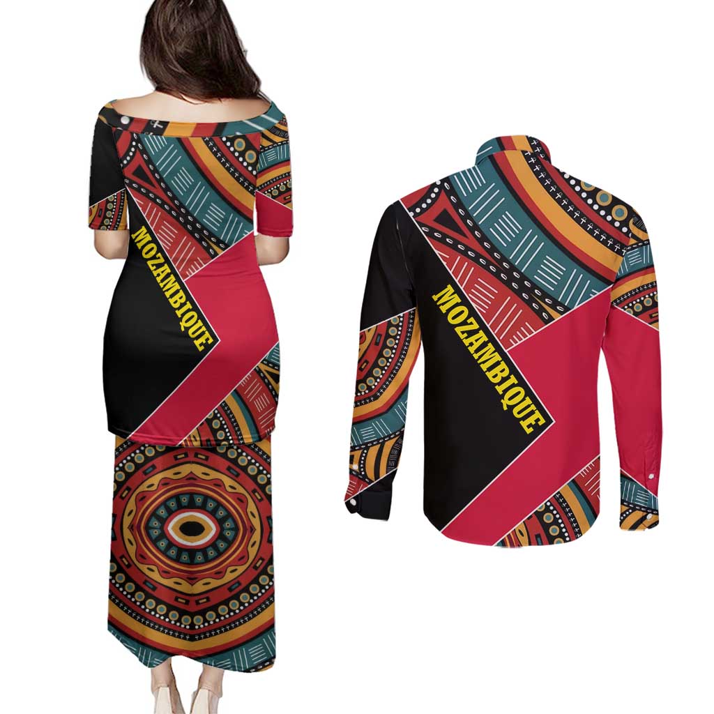 Mozambique Couples Matching Puletasi and Long Sleeve Button Shirt with Red Black Geometric Design and Tribal Pattern - Wonder Print Shop