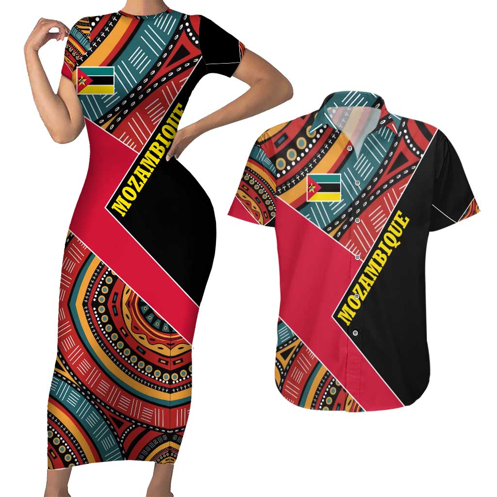 Mozambique Couples Matching Short Sleeve Bodycon Dress and Hawaiian Shirt with Red Black Geometric Design and Tribal Pattern - Wonder Print Shop