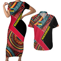 Mozambique Couples Matching Short Sleeve Bodycon Dress and Hawaiian Shirt with Red Black Geometric Design and Tribal Pattern - Wonder Print Shop