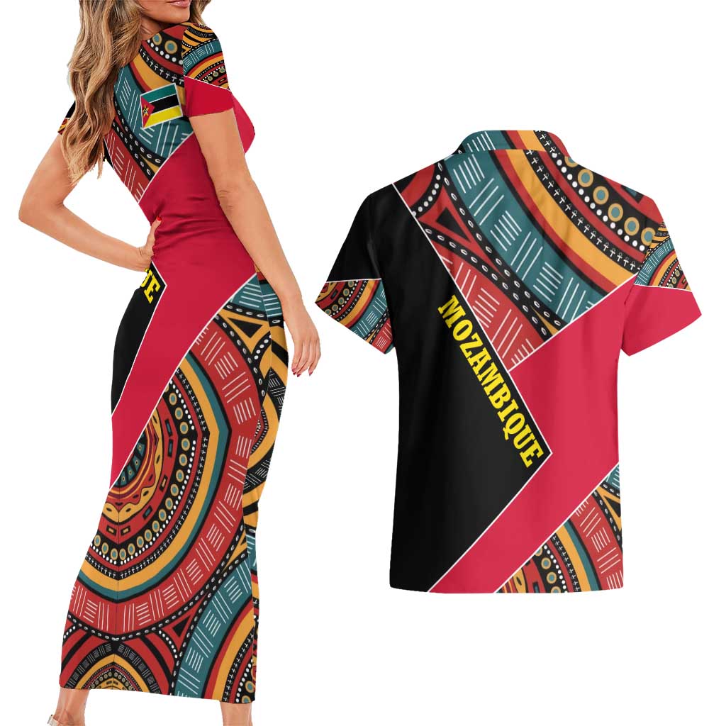 Mozambique Couples Matching Short Sleeve Bodycon Dress and Hawaiian Shirt with Red Black Geometric Design and Tribal Pattern - Wonder Print Shop