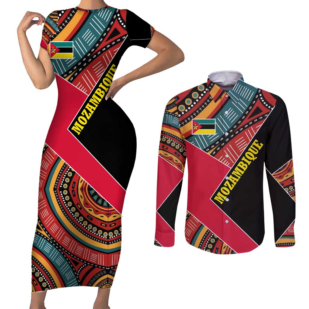 Mozambique Couples Matching Short Sleeve Bodycon Dress and Long Sleeve Button Shirt with Red Black Geometric Design and Tribal Pattern - Wonder Print Shop