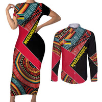 Mozambique Couples Matching Short Sleeve Bodycon Dress and Long Sleeve Button Shirt with Red Black Geometric Design and Tribal Pattern - Wonder Print Shop