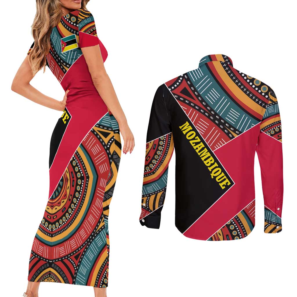 Mozambique Couples Matching Short Sleeve Bodycon Dress and Long Sleeve Button Shirt with Red Black Geometric Design and Tribal Pattern - Wonder Print Shop