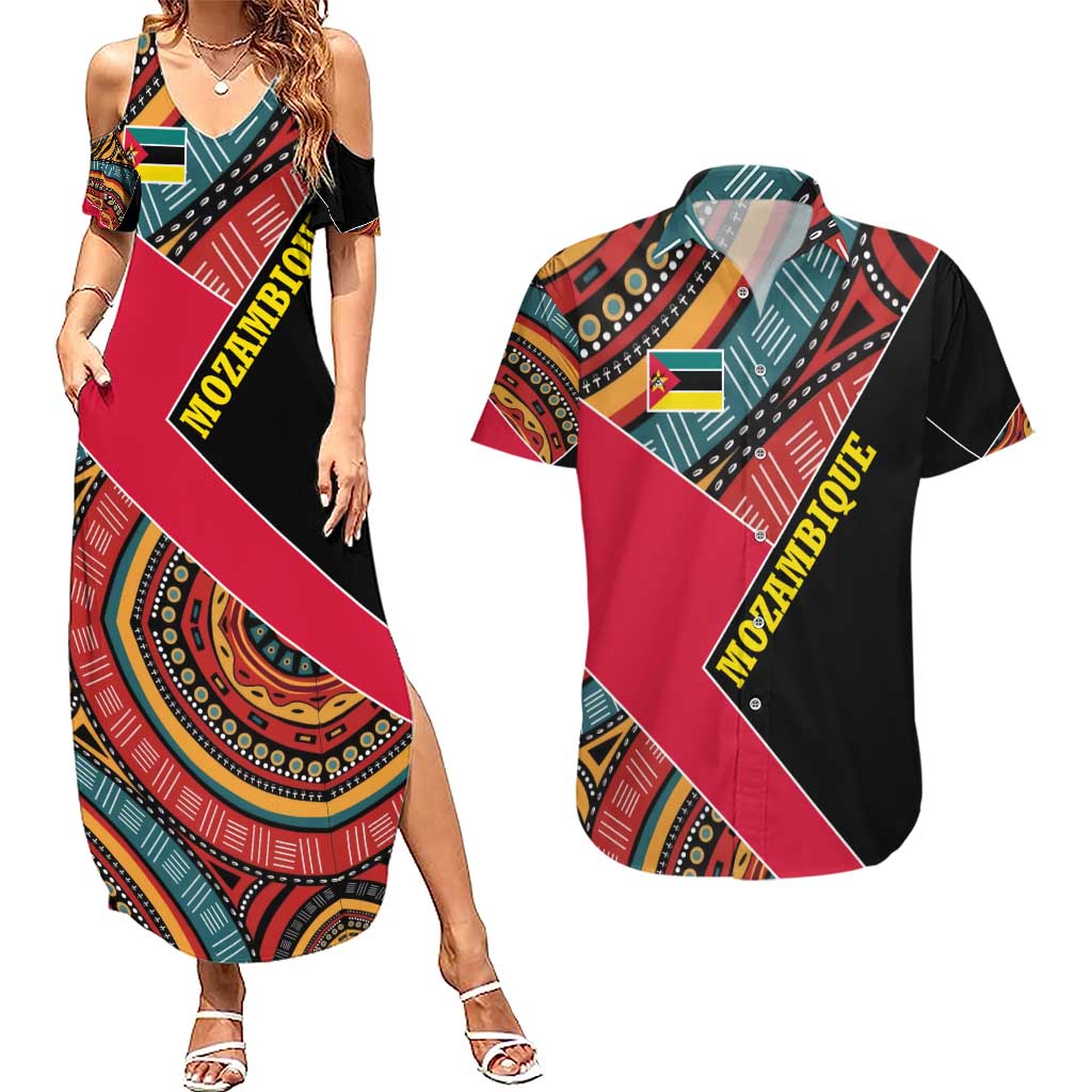 Mozambique Couples Matching Summer Maxi Dress and Hawaiian Shirt with Red Black Geometric Design and Tribal Pattern - Wonder Print Shop