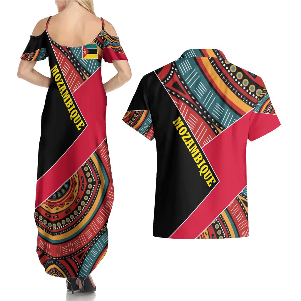 Mozambique Couples Matching Summer Maxi Dress and Hawaiian Shirt with Red Black Geometric Design and Tribal Pattern - Wonder Print Shop