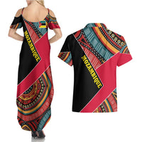 Mozambique Couples Matching Summer Maxi Dress and Hawaiian Shirt with Red Black Geometric Design and Tribal Pattern - Wonder Print Shop