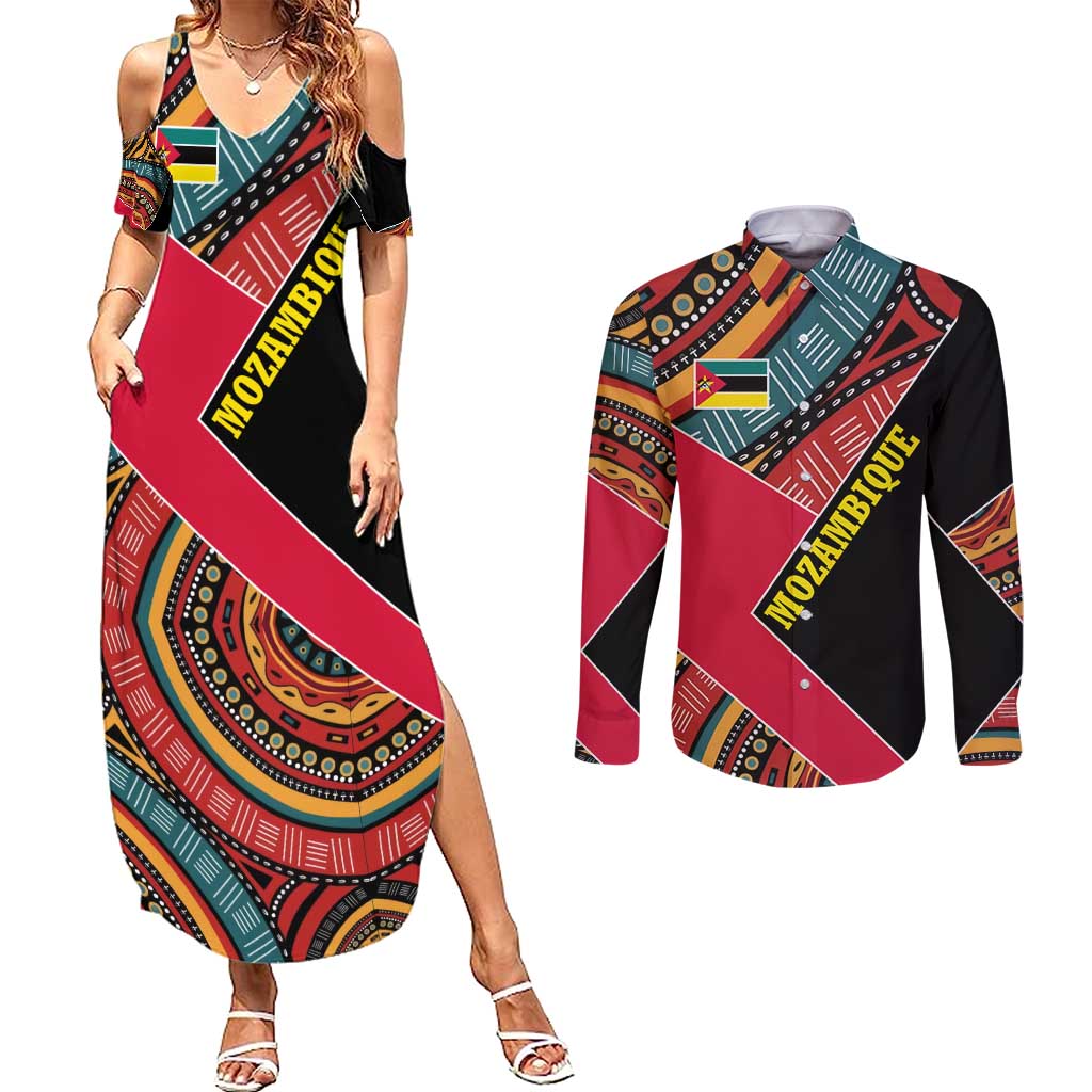 Mozambique Couples Matching Summer Maxi Dress and Long Sleeve Button Shirt with Red Black Geometric Design and Tribal Pattern - Wonder Print Shop