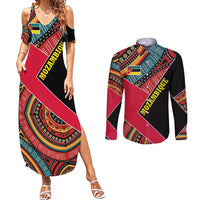Mozambique Couples Matching Summer Maxi Dress and Long Sleeve Button Shirt with Red Black Geometric Design and Tribal Pattern - Wonder Print Shop